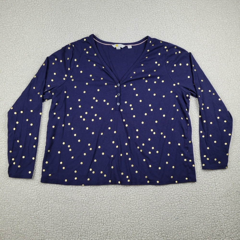 Boden Shirt Women’s 16/18 Navy Blue Gold Polka Dot V Neck Button Front Top Plus